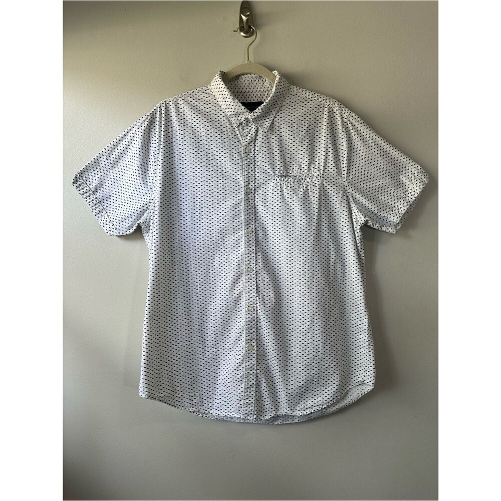 Structure Mens White Modern Fir Short-Sleeve Button-Up Shirt Navy Pattern Sz L
